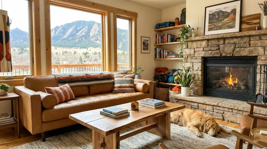 Cozy mountain-modern living room interior at 2675 Dakota Pl, Boulder, CO 80304, featuring a large window with a panoramic view of the Flatirons mountains, a lit stone fireplace, a leather sofa with southwestern textiles, and a sleeping Golden Retriever dog.
