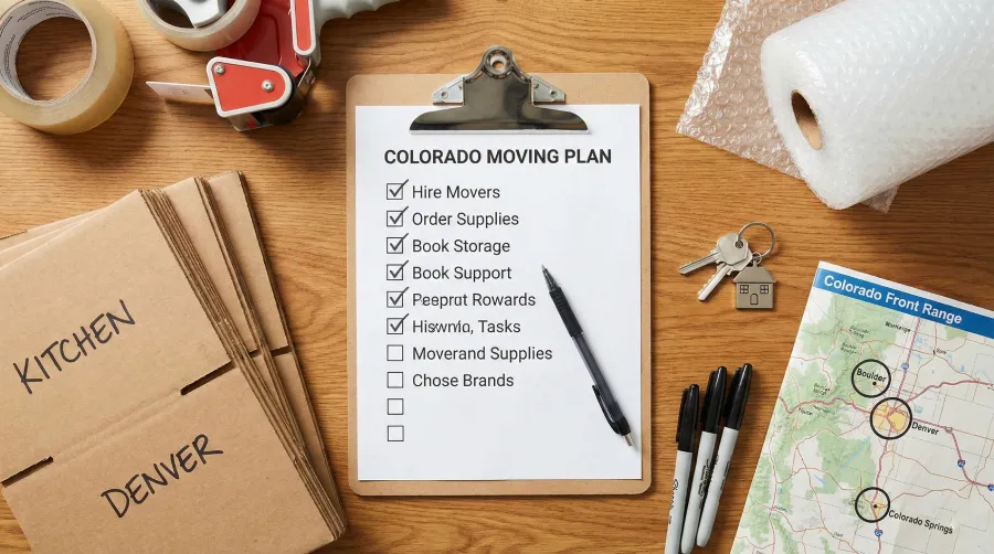 A flat lay photograph of a Colorado moving plan checklist on a clipboard, surrounded by packing supplies, boxes labeled for Denver, and a map of the Front Range. This image represents the organizational logistics for a residential move, such as one to or from a home on Nagel Dr in Thornton, CO 80229.