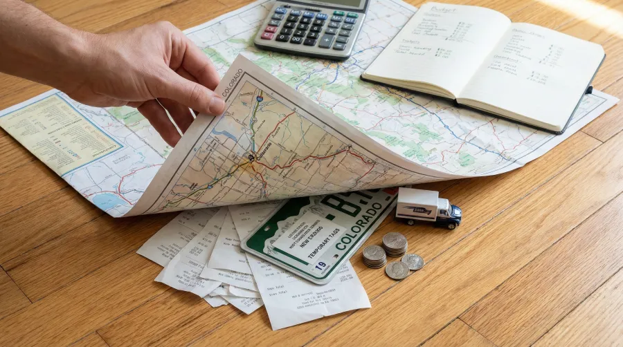 A hand lifting the corner of a Colorado map to reveal hidden relocation costs underneath, including a license plate, tax receipts, and coins. A calculator and budget notebook sit nearby, illustrating the financial planning needed for moving to E Bellewood Dr, Aurora, CO 80015.