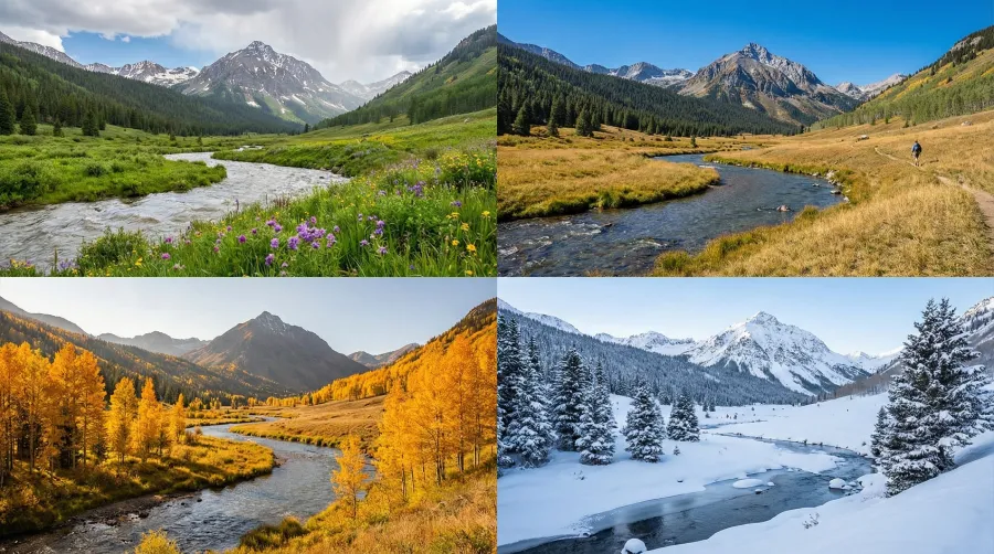A four-panel photographic collage showing the same Colorado Rocky Mountain valley transformed through all four seasons: green spring with wildflowers, sunny golden summer, autumn with yellow aspen trees, and a deep snowy winter landscape, illustrating the year-round beauty for those moving to Colorado.
