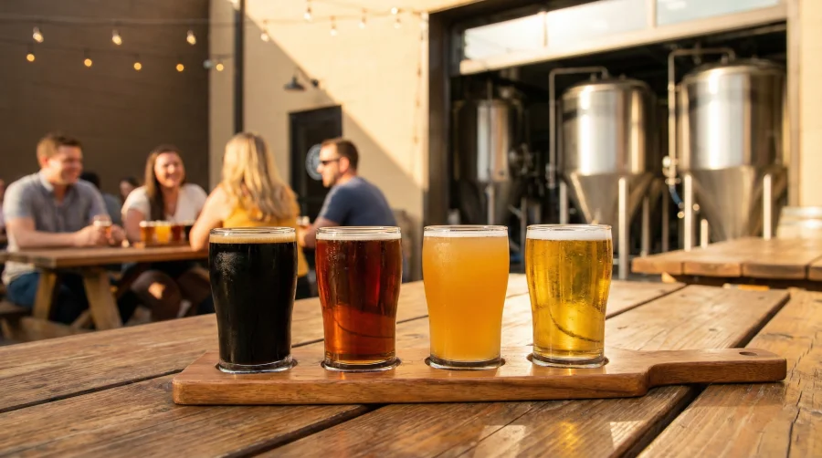 A flight of four craft beers on a wooden paddle sitting on a sunny brewery patio on Clay St, Denver, CO 80211. In the background, stainless steel brewing tanks and happy patrons illustrate the vibrant local beer culture of the Highlands neighborhood.