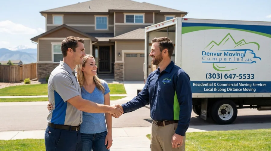 A professional mover from Denver Moving Companies shaking hands with satisfied clients outside a home at Low Meadow Blvd, Castle Rock, CO 80109. The branded truck in the background displays the phone number (303) 647-5533 and highlights their local and long-distance moving services.