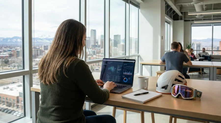 A professional woman analyzing data on a laptop in a modern high-rise office at 717 17th St, Denver, CO 80202. A ski helmet and goggles rest on the desk next to her, symbolizing Colorado's work-life balance and the thriving remote-first culture in the 2026 competitive job market.