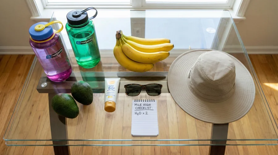 A 'Mile High Prep Kit' arranged on a glass dining table at 1535 S Newland St, Lakewood, CO 80232. The kit includes reusable water bottles, bananas and avocados for potassium, SPF 50+ sunscreen, sunglasses, and a sun hat to help new residents acclimate to Colorado's high altitude and dry climate.