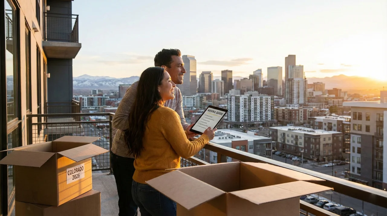 Couple standing on a balcony at 100 Detroit St, Denver, CO, reviewing a 2026 moving guide on a tablet with packing boxes, overlooking the Cherry Creek neighborhood and Rocky Mountains.