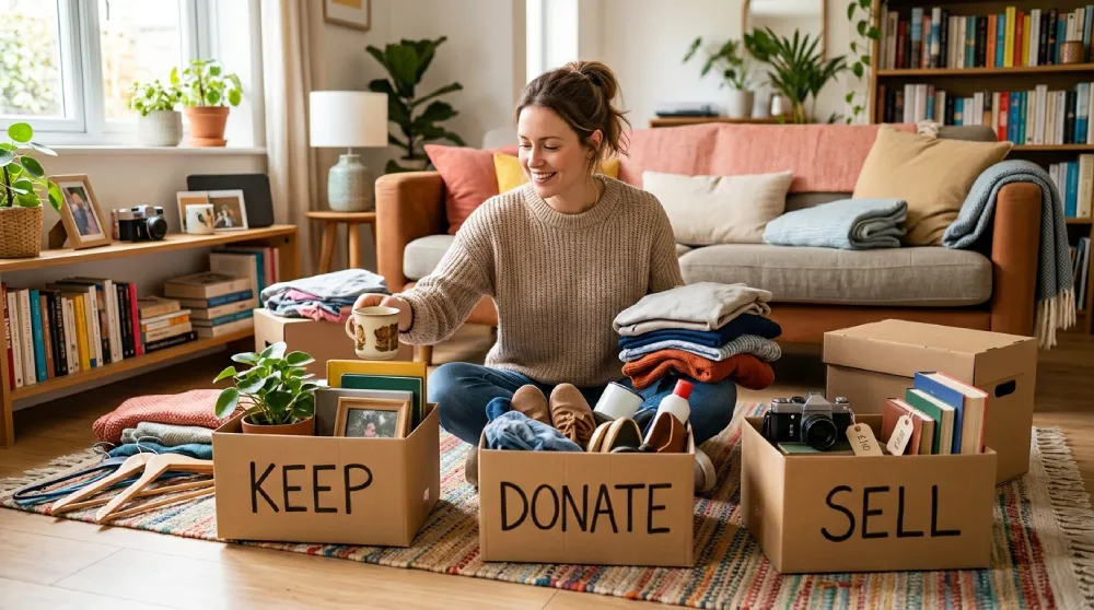 A woman sitting on a living room floor sorting household goods into boxes labeled keep, donate, and sell to downsize before requesting an estimate from a long-distance moving company in Denver.