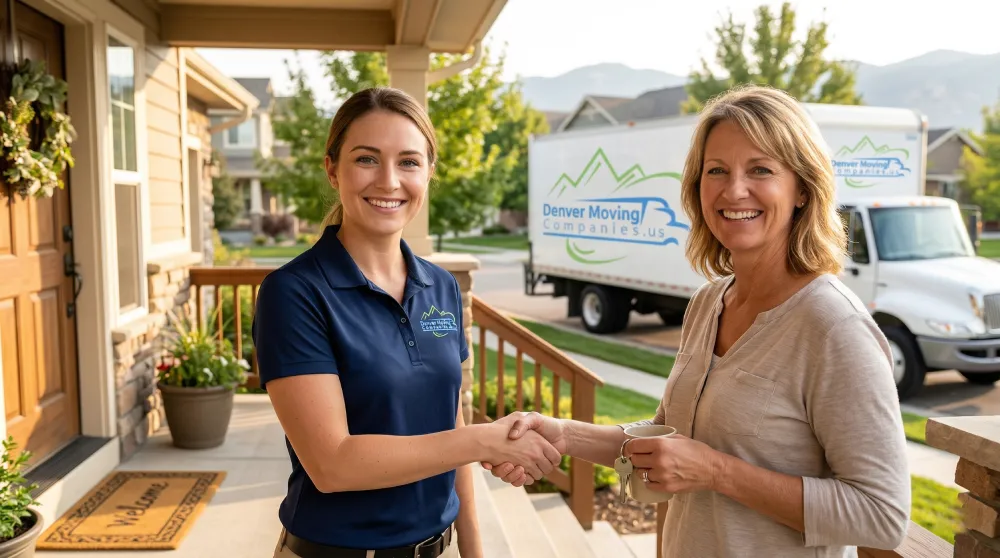 A uniformed moving coordinator from The Denver Moving Company shaking hands with a smiling homeowner on their front porch, providing total peace of mind for an out-of-state move.