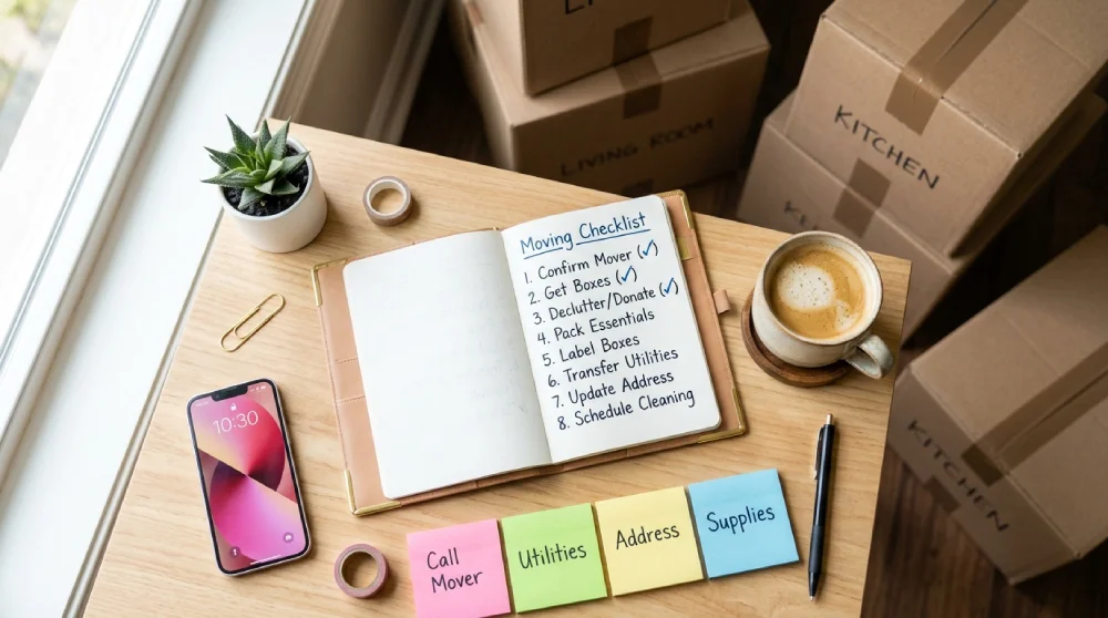 A top-down view of an organized desk featuring a master moving checklist notebook, coffee, sticky notes, and packed boxes, representing the first step in planning an out-of-state move from Denver, Colorado.