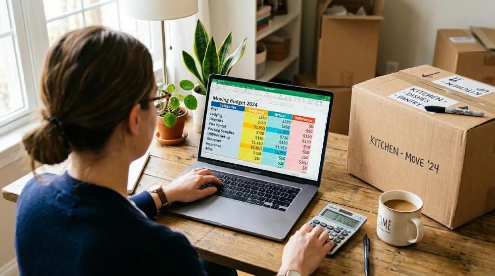 A woman sitting at a desk next to packed boxes, using a laptop and calculator to plan a detailed moving budget for an interstate relocation from Denver, Colorado.