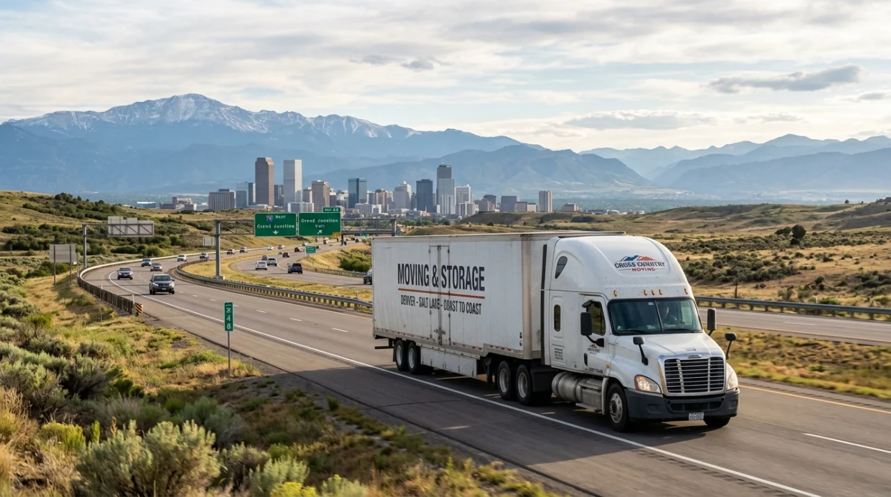 A white long-distance moving truck driving on a highway away from the Denver, Colorado skyline and the Rocky Mountains.
