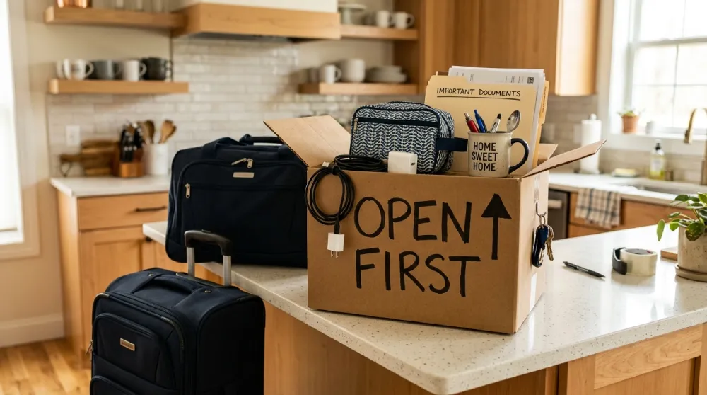 A cardboard box labeled open first sitting on a kitchen counter next to luggage, packed with day-to-day essentials like documents, phone chargers, and toiletries for an out-of-state move from Denver.