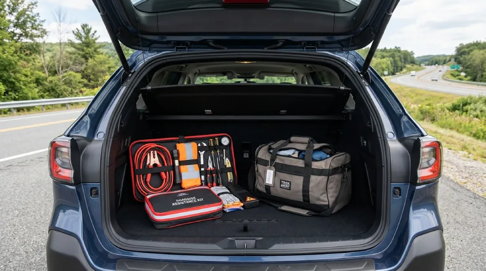 The open trunk of an SUV containing a travel bag and a roadside assistance kit with jumper cables, prepared for a cross-country move from Denver, Colorado.