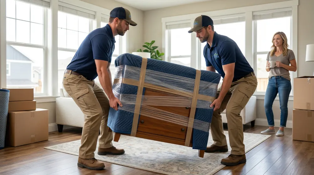 Two uniformed professional movers safely lifting a heavy, wrapped piece of furniture while a relaxed homeowner watches, illustrating how to avoid heavy lifting during an out-of-state move from Denver.