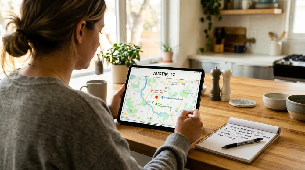 A woman using a tablet to map out grocery stores and schools in Austin, TX, illustrating how to research a new area before an out-of-state move from Denver.