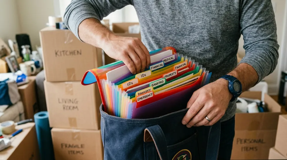 A person packing a labeled accordion folder containing IDs, medical records, and financial documents into a personal bag to secure sensitive information before an out-of-state move from Denver, Colorado.