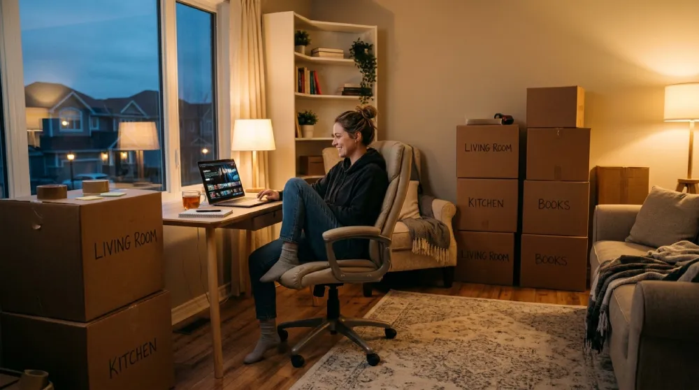 A woman happily using her laptop in a warmly lit room surrounded by moving boxes, illustrating the benefit of setting up utilities in advance before an out-of-state move from Denver.