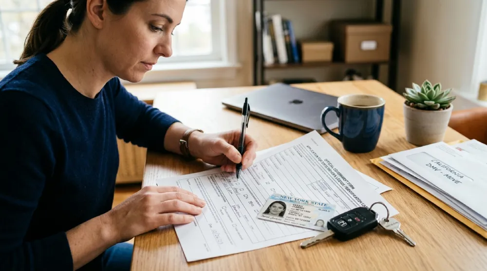 A woman filling out official government DMV paperwork with her out-of-state driver's license and car keys, illustrating one of the final steps when moving out of state from Denver, Colorado.