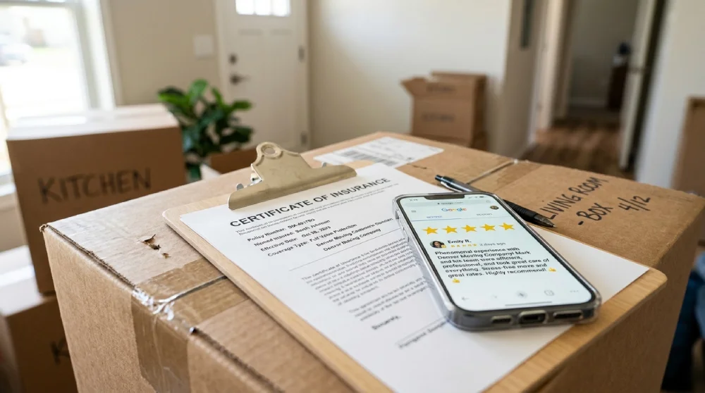 A clipboard displaying a certificate of insurance and a smartphone showing a 5-star customer review resting on a packed moving box, illustrating how to vet out-of-state movers in Denver.