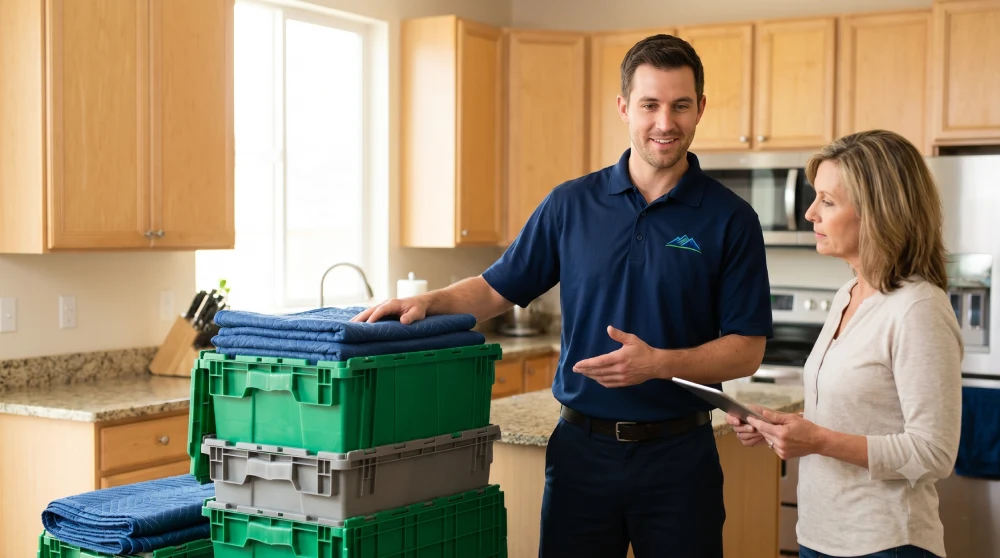 Denver mover in a branded navy polo explaining reusable moving crates and blankets to a homeowner holding a tablet during an in-home consultation