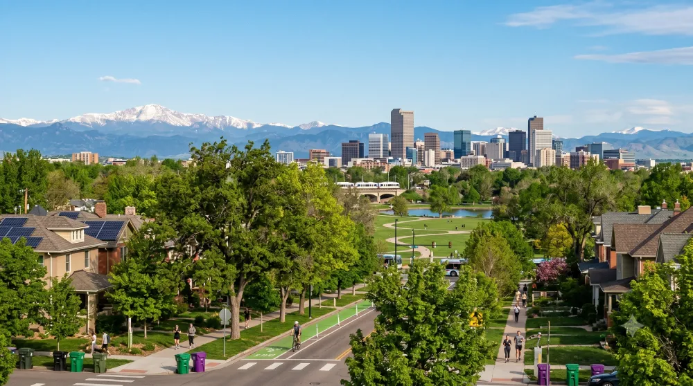 Denver skyline and snow-capped Rocky Mountains behind a tree-lined neighborhood with a green bike lane, rooftop solar panels, and curbside recycling bins