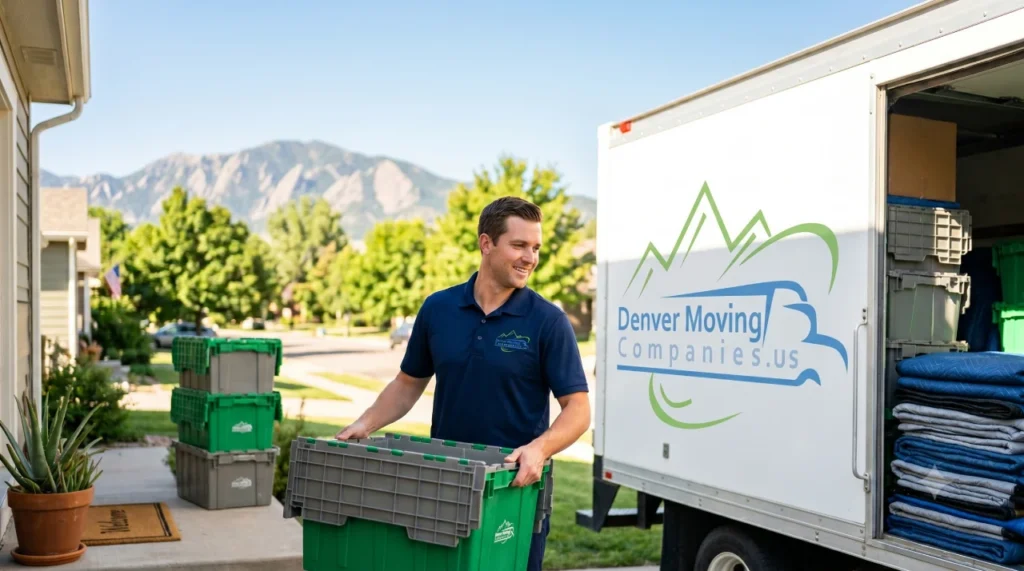 Denver Moving Companies mover carrying a green reusable moving crate beside a branded truck loaded with moving blankets, Rocky Mountains in the background