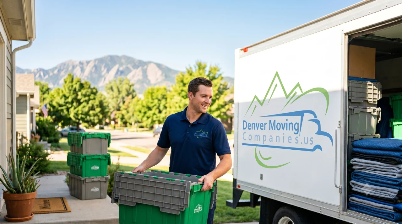 Denver Moving Companies mover carrying a green reusable moving crate beside a branded truck loaded with moving blankets, Rocky Mountains in the background