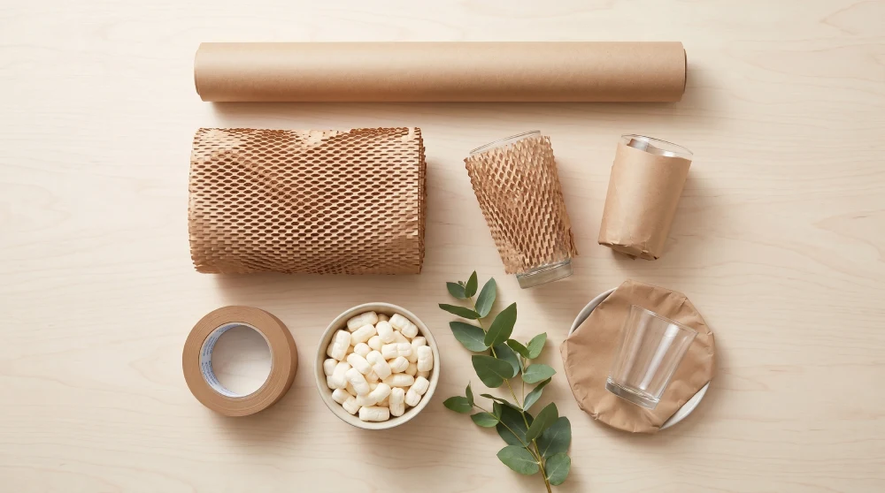 Flat-lay of eco-friendly packing supplies: recycled kraft paper, honeycomb wrap, paper tape, biodegradable cornstarch peanuts, and glasses wrapped in paper