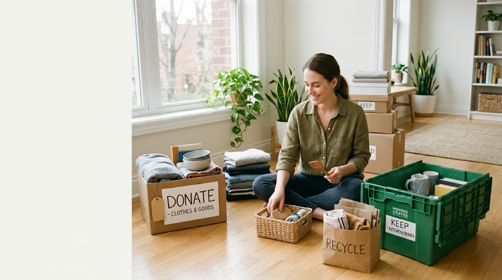 Person decluttering before a move by sorting household items into labeled donate, recycle, and keep groups, with a green reusable moving crate