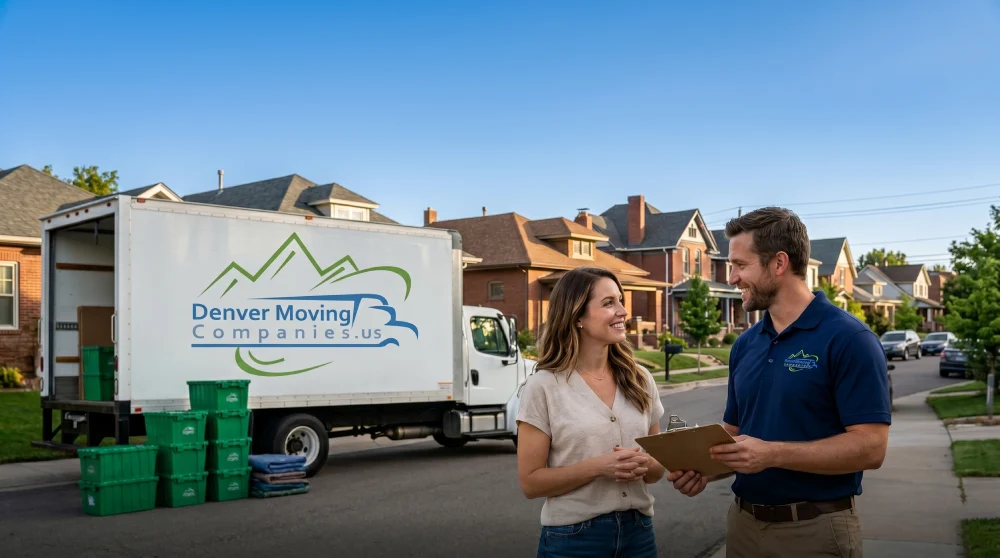 Smiling homeowner and a branded Denver mover at the end of an eco-friendly move, with green reusable crates and a logo moving truck in a neighborhood at golden hour
