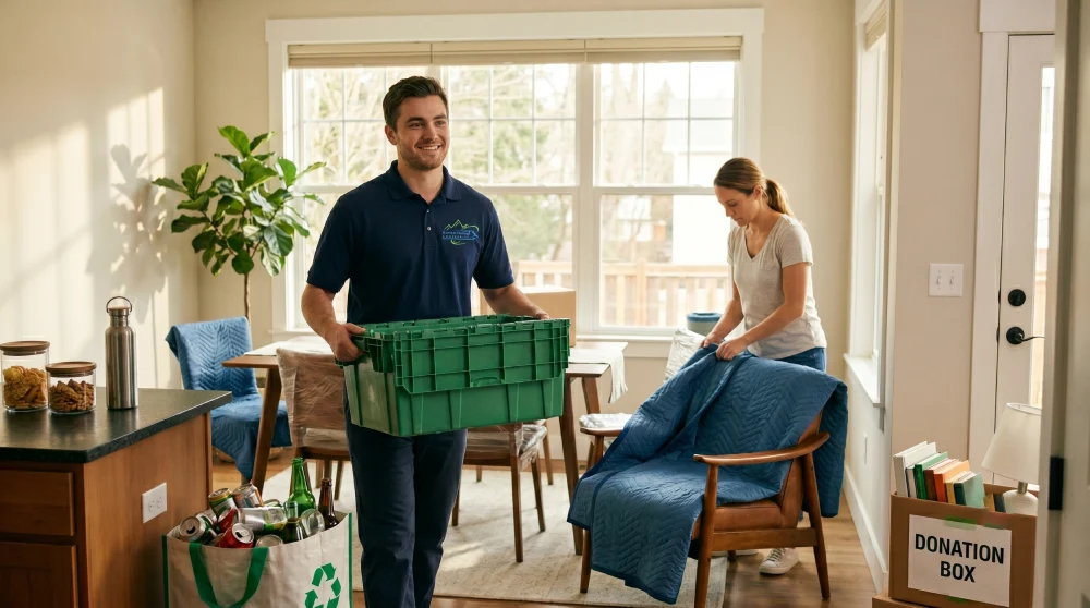 Zero-waste moving day with a branded mover carrying a green reusable crate, a homeowner wrapping furniture in a moving blanket, a recycling bag, and a donation box