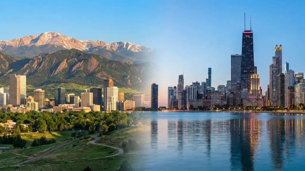 Split-screen panoramic view comparing the sunny Denver skyline with the Rocky Mountains (left) against the urban Chicago skyline along Lake Michigan (right).