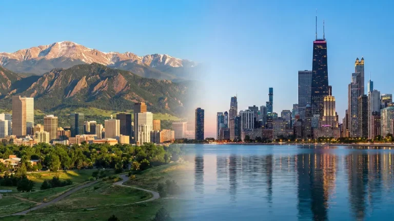 Split-screen panoramic view comparing the sunny Denver skyline with the Rocky Mountains (left) against the urban Chicago skyline along Lake Michigan (right).