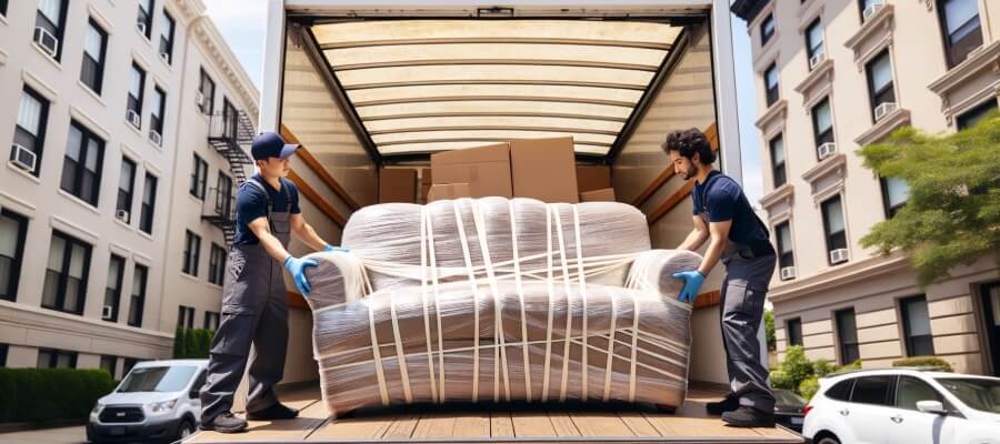 movers loading sofa onto truck