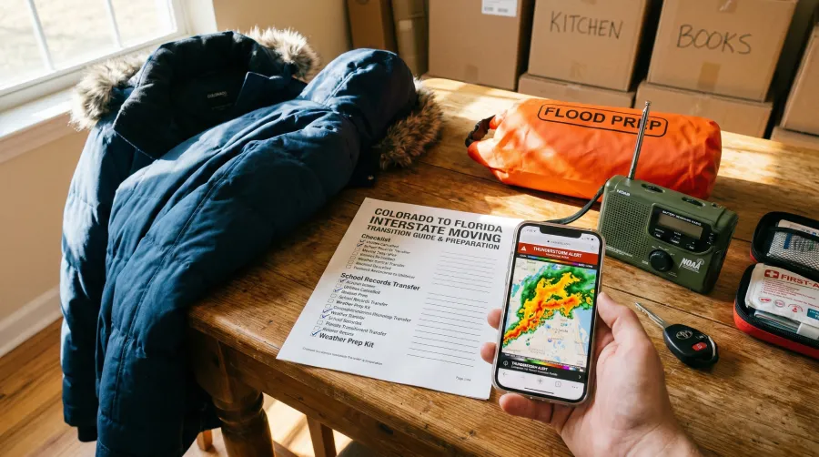 A table prepared for an interstate move from Colorado to Florida, featuring a heavy winter coat, moving boxes, a natural disaster preparation kit with a weather radio, and a hand holding a smartphone displaying an Orlando weather radar alert.