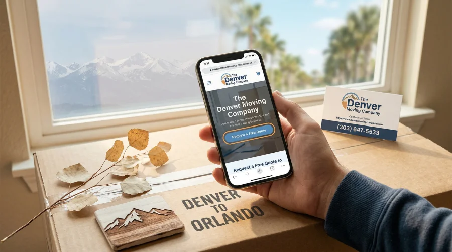 "A hand holding a smartphone showing the Denver Moving Companies - Long Distance Movers website to request a free quote for an Orlando relocation, featuring a branded business card with the phone number (303) 647-5533 and a 'Denver to Orlando' moving box.