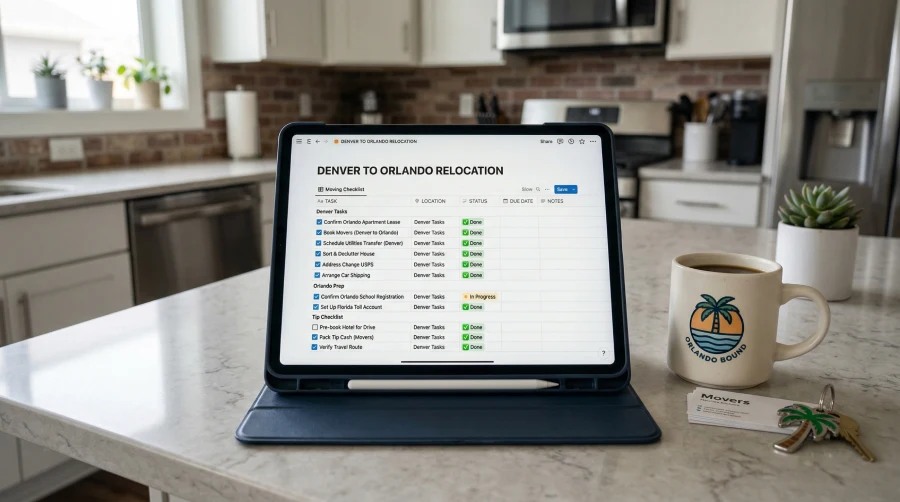 A close-up of a tablet on a kitchen counter displaying a detailed 'Denver to Orlando Relocation' checklist with tasks for both cities marked as done. Next to the tablet sits an 'Orlando Bound' coffee mug and a moving company business card, illustrating pro tips for a seamless interstate move.