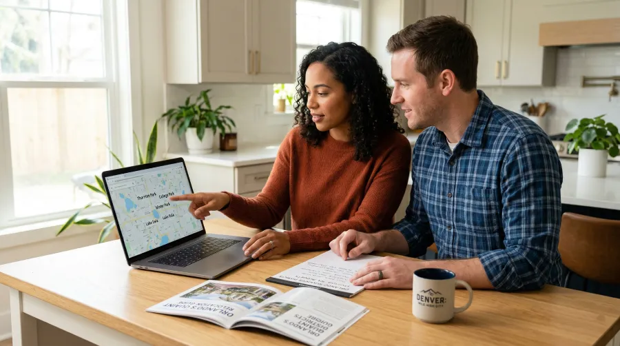 A couple planning their move from Denver to Florida sits at a kitchen table, researching quaint Orlando neighborhoods like Winter Park and College Park on their laptop.