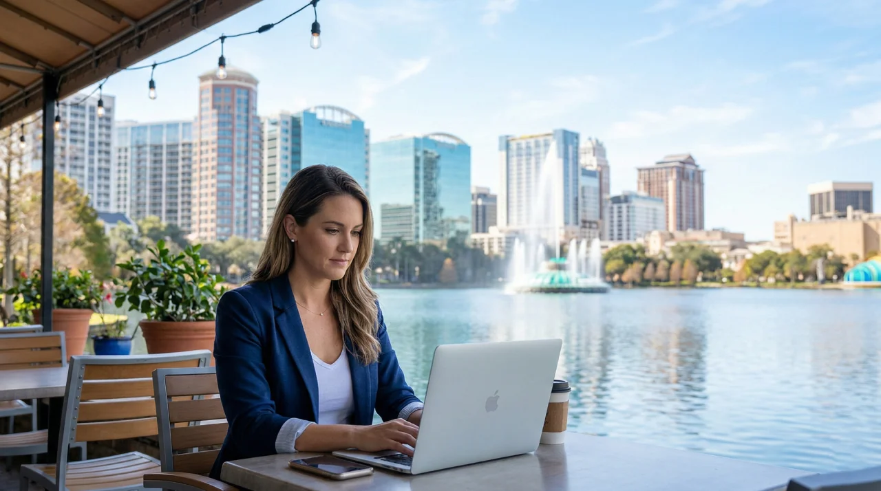 A professional woman working on a laptop at an outdoor cafe overlooking Lake Eola in downtown Orlando, FL, representing the city's booming tech scene and business opportunities for new residents.