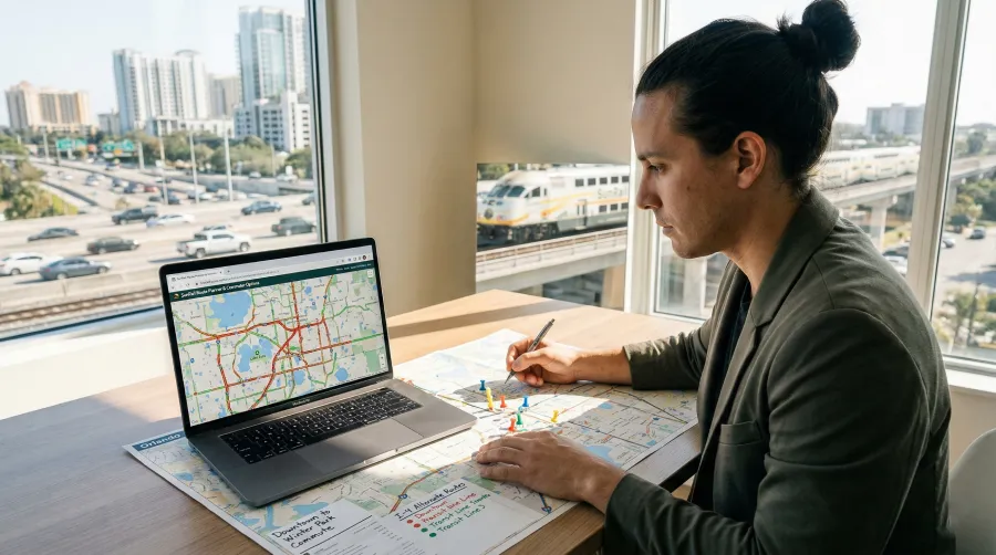 A man sits at a desk planning his daily commute, comparing a digital traffic map on his laptop with a pinned physical map of Orlando, Florida. Outside the window, traffic flows on Interstate 4 next to a passing SunRail commuter train.