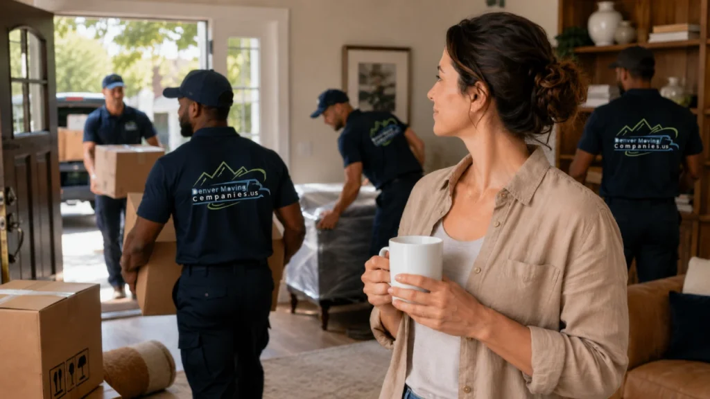 Person calmly holding coffee while Denver Moving Companies movers carry boxes and furniture during a last-minute Denver move, showing professional help for a less stressful rushed relocation.