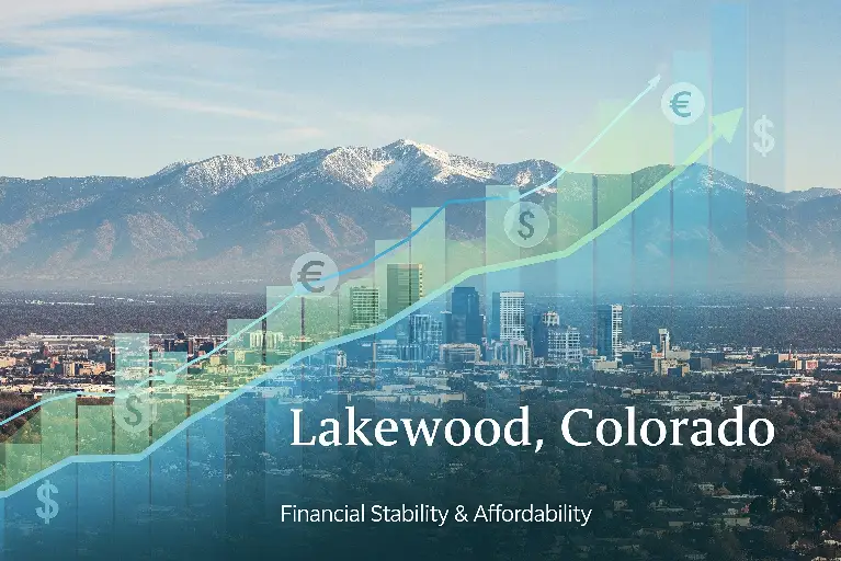 Lakewood Colorado skyline with financial growth chart showing cost of living, housing prices, and median household income