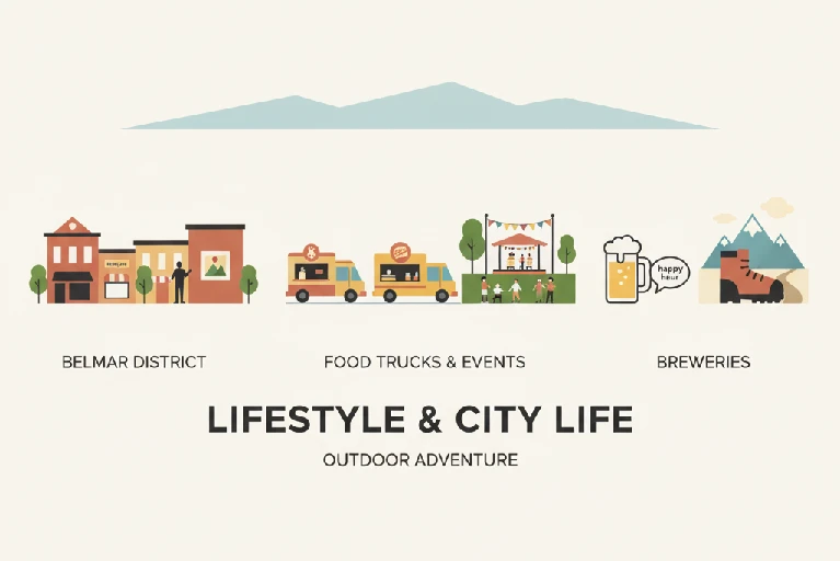 Illustration of Lakewood Colorado lifestyle showing Belmar District shopping, food trucks, live events, breweries, and outdoor adventure