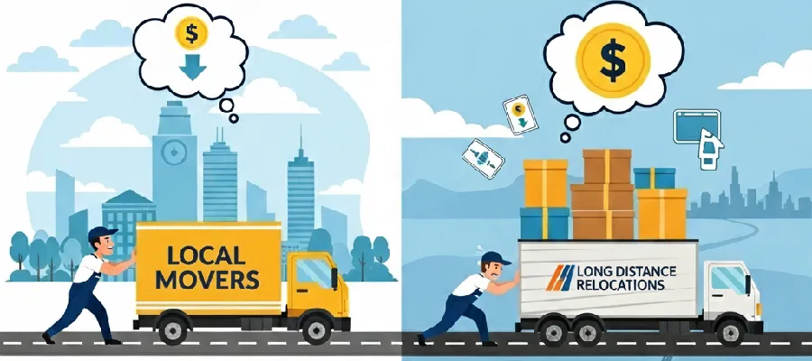 infographic showing local moving costs in denver 2025 versus long distance moving costs with movers trucks and price icons