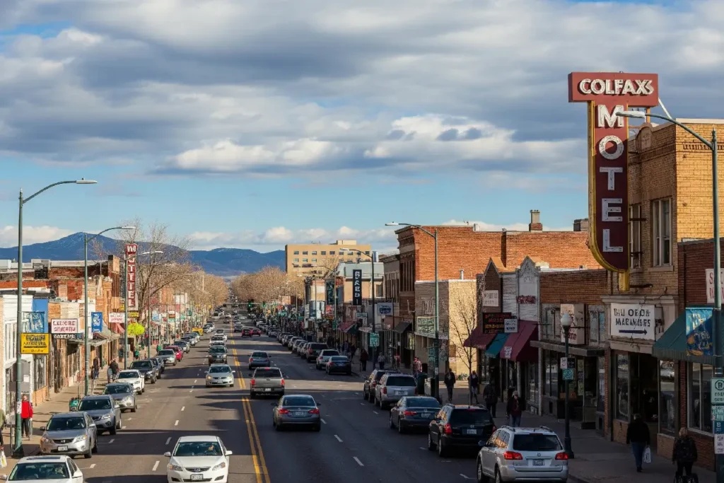 Street view of W. Colfax Avenue in Lakewood CO with shops, cars, and mountain backdrop.