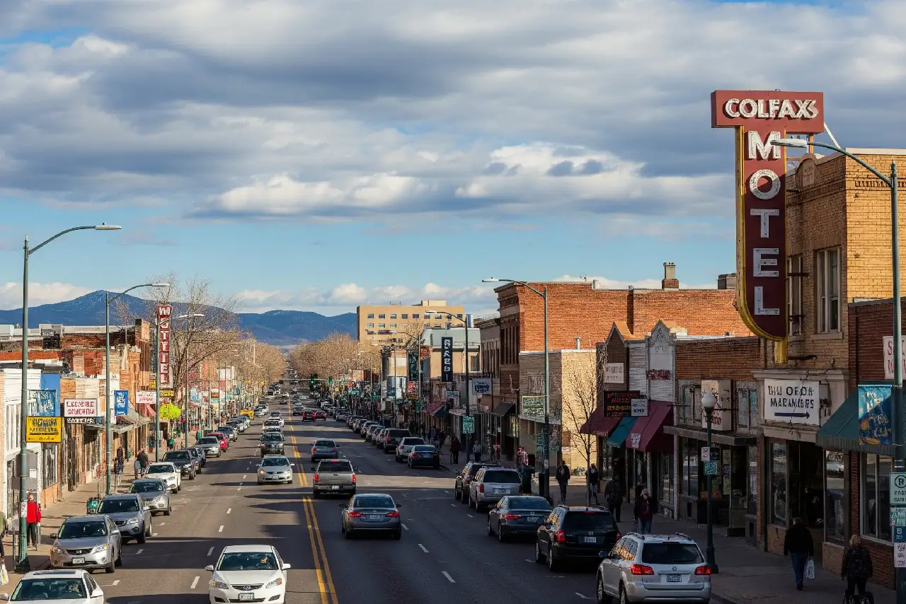 Street view of W. Colfax Avenue in Lakewood CO with shops, cars, and mountain backdrop.