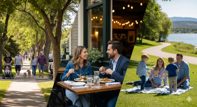 Families and couples exploring Lakewood Colorado neighborhoods, dining outdoors, and relaxing in parks before moving to the community