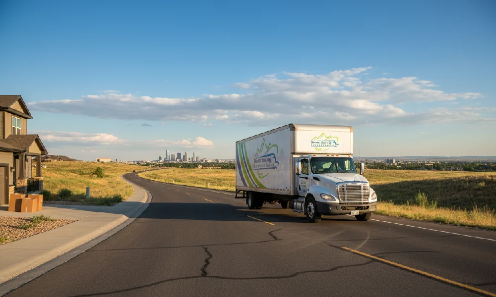 Professional moving company truck with The Denver Moving Company logo driving toward the horizon, symbolizing an affordable and quality long-distance move.