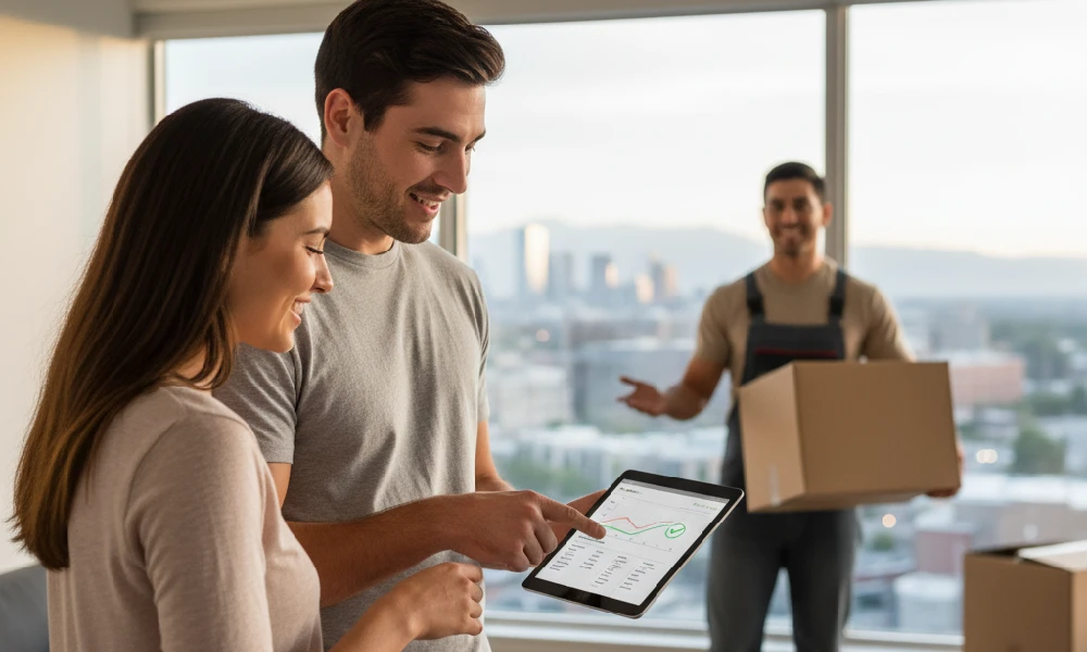 A couple reviewing moving estimates on a tablet with a mover in the background, illustrating how to hire professional movers within your budget in the Denver Metro area by comparing quotes.