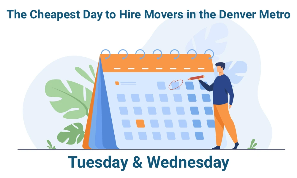 n illustration of a man marking a date on a large calendar, with the overlay text 'The Cheapest Day to Hire Movers in the Denver Metro,' symbolizing finding the most cost-effective day of the week to book a moving company.