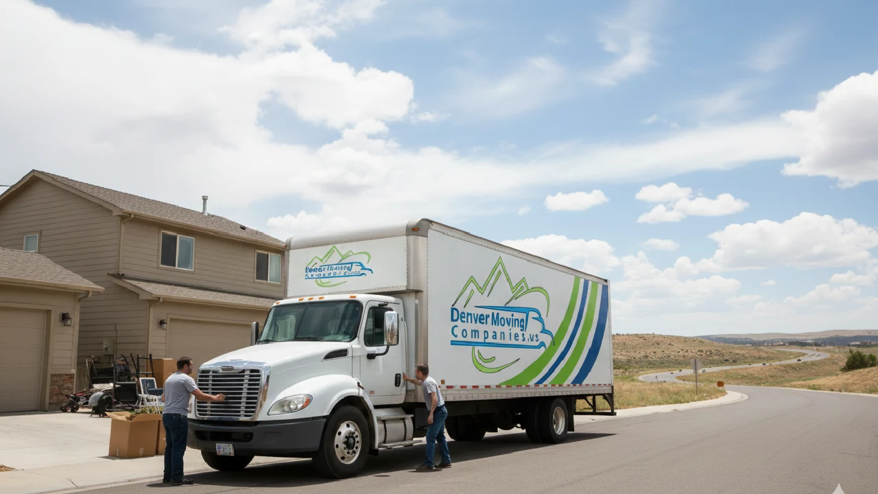 Moving truck with company logo parked outside a home in Littleton for a cheap out-of-state move.